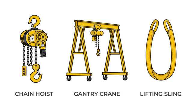 Industrial lifting equipment set with chain hoist and gantry crane.