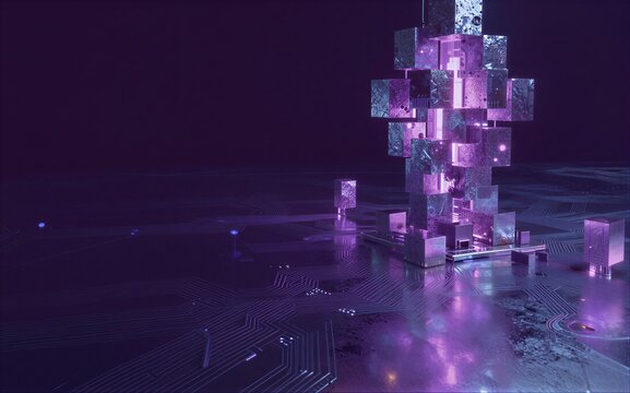 Futuristic city of glowing purple cubes on a reflective circuit board surface.