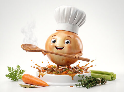 Hyper-detailed 3D render of a joyful anthropomorphic onion with a chef hat holding a wooden spoon