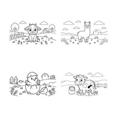 Fototapeta premium Cute cartoon farm animals in countryside setting