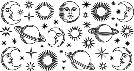 Celestial vector icon set with colorful retro sun moon face planet and mystical star elements © Siddika