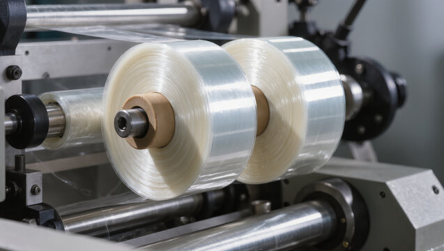 Transparent film rolls guided by rollers on industrial processing machinery in a manufacturing plant
