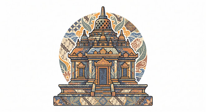 Candi Cangkuang Temple Garut West Java Indonesia Batik Pattern Colorful Vector Illustration