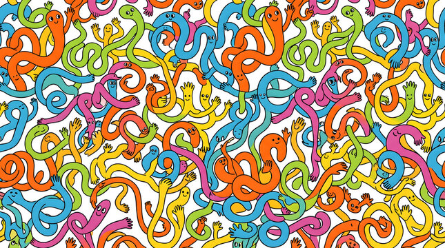 Abstract pattern of intertwining colorful cartoon snakes