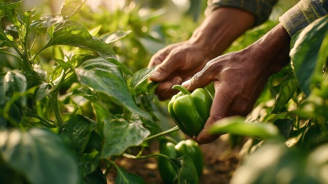 16.Hands in motion twisting green bell pepper from stem, healthy foliage filling frame, vegetable bed visible, warm sunlight, detailed textures of skin and leaves, eco farming and harvesting concept