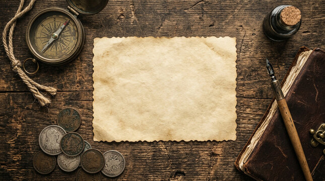 Vintage navigation tools and blank parchment. Explorer's treasure map layout.