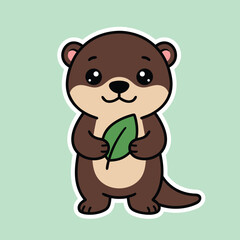 Obraz premium Cute cartoon otter holding a green leaf kawaii animal sticker illustration