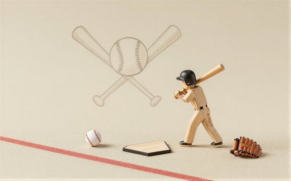 Wooden baseball player ready to swing, with ball and glove nearby.