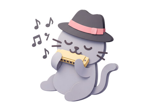 Cute cartoon cat playing harmonica wearing fedora hat