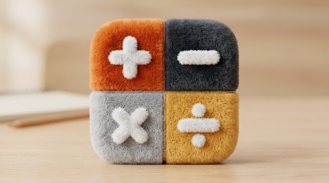 Fluffy plush toy with math symbols on each side sitting on wood