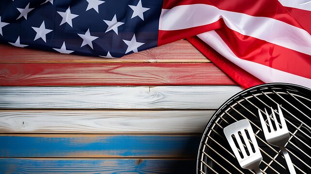 American flag with barbecue grill and wooden table background for patriotic outdoor cooking