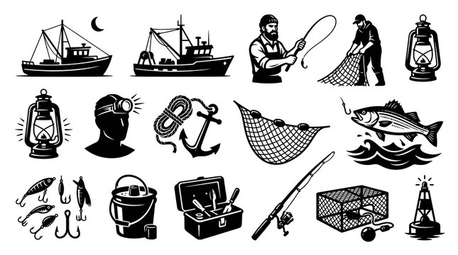 Fishing Gear  Industry Monochrome Vector Illustration Set. Vintage Fishery Equipment Icons.