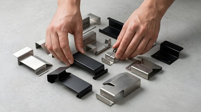Hands sorting metal and plastic mounting brackets for construction.