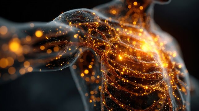 Transparent human upper body silhouette with lymphatic system and chest area illuminated by an intense network of glowing orange heat dots, representing systemic immune response or chronic inflammatio