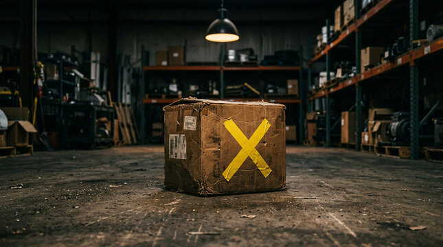Large worn cardboard box with yellow X mark. Damaged parcel package.