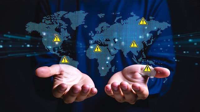 Hands holding world map with cybersecurity warning and threat indicators