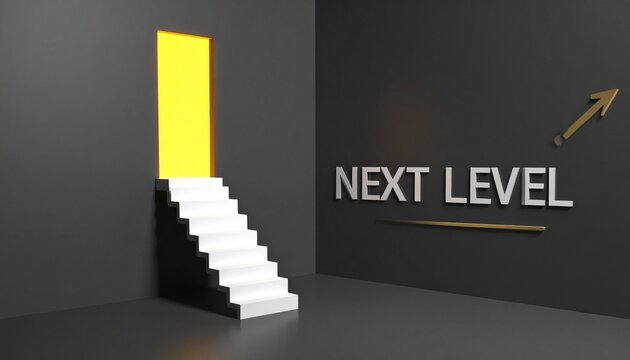 Dark staircase, glowing doorway, upward arrow, next level progress