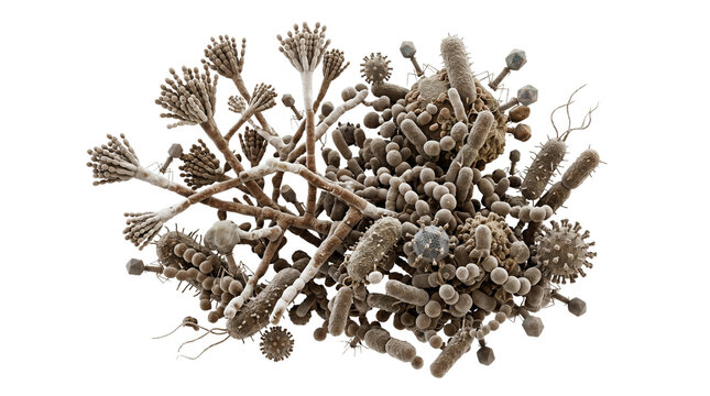Microscopic bacteria and mold colony, brown fungal spores and organic microbes, scientific 3d illustration of pathogen growth and infection isolated PNG with Transparent Background