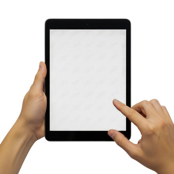 Person holding a black digital tablet with finger touching screen isolated on transparent background
