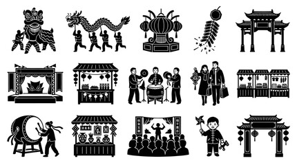 Fototapeta premium Chinese New Year Icons: Dragon Dance, Lanterns, Firecrackers, Market, Archway, Culture