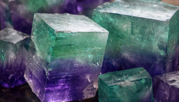 Close up of raw fluorite crystal cubes showing distinct color zoning with deep purple and vibrant green hues and translucent geometric edges