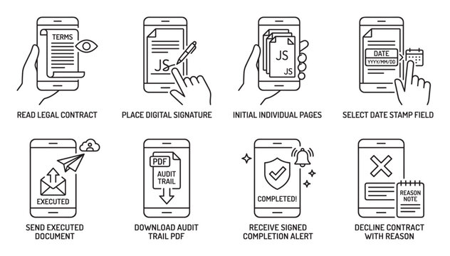 Digital contract signing process on mobile app with e signature and audit trail.
