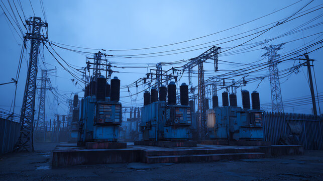 A moody, twilight scene of electrical transformers amidst power lines, highlighting the industrial landscape's complexity and energy.