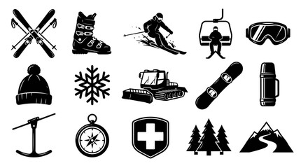 Fototapeta premium Winter Sports Mountain Adventure Black White Glyph Icons Set - Skiing, Snowboarding, Nature, Travel Hiking