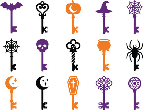 Halloween keys set with spooky symbols like bat, skull and spider.