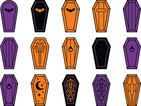 Halloween coffin collection vector elements for dark holiday.