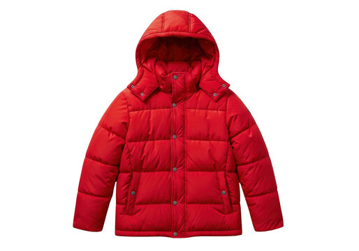 Bright red winter puffer jacket with hood isolated on transparent background