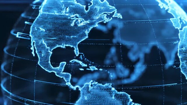Glowing blue digital hologram of Earth globe with visible continents Africa and Europe on dark background featuring cyber wireframe grid and light flare for global connectivity.