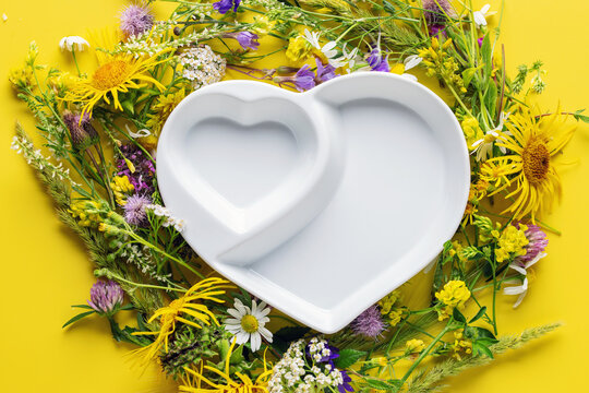 Beautiful wreath of wild flowers. Typical Scandinavian midsummer decoration concept. Top view