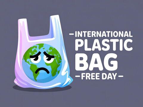 International plastic bag free day sad earth globe character inside plastic bag with pollution