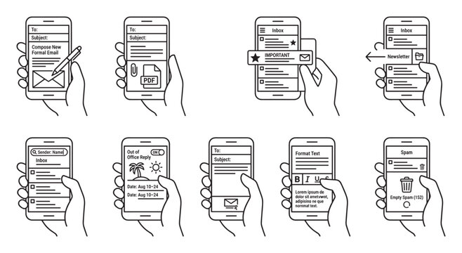 Mobile phone icons for email app features like composing and managing inbox messages.