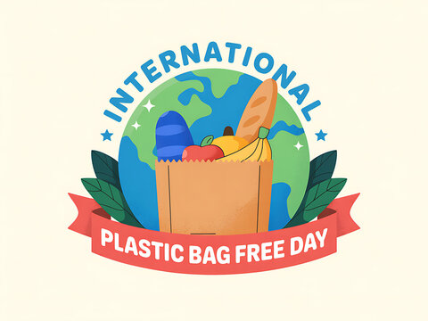 International plastic bag free day groceries in paper bag logo with environment, sustainable