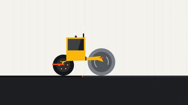 Minimalist yellow road roller construction vehicle flat vector animation motion graphic