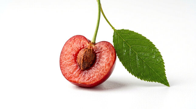 Fresh Half Cherry with Pit and Green Leaf Isolated on White Background