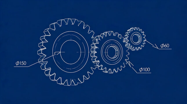 A technical blueprint-style line illustration showing three intermeshed gears with diameter dimension markings for engineering reference.