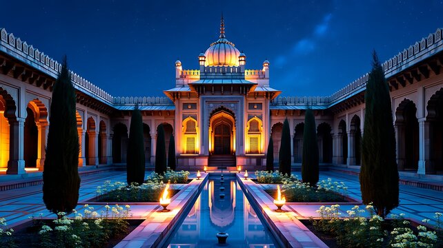Ornate mughal inspired garden with palace and wildlife in serene setting
