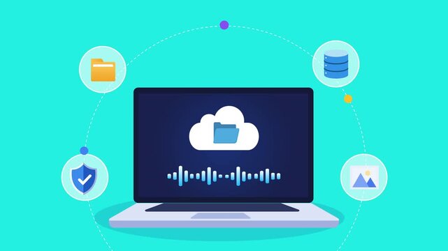 Animated flat vector motion graphic featuring an AI cloud backup interface on a laptop with storage, security, database, folder, image, and chatbot icons. Ideal for cloud computing and data protection