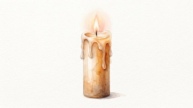 Watercolor illustration of a burning beige dripping candle on a white background, perfect for holiday designs, greeting cards, and cozy web graphics.
