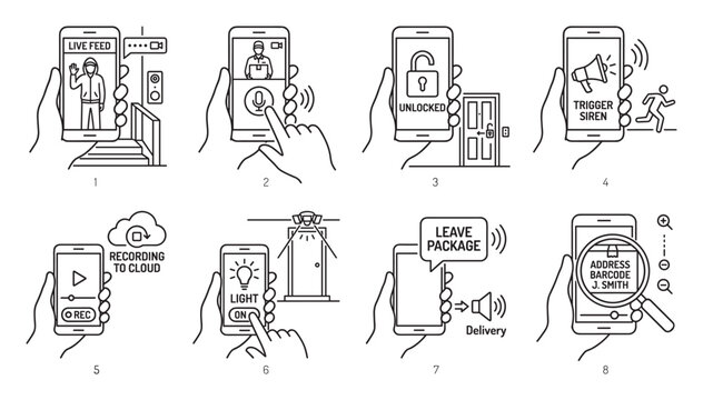 Smart home security app interface showing live feed unlock siren record and package delivery.