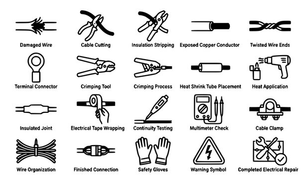 Wire Connection and Repair Process Vector Icon Set with Wire Stripper and Crimping Tool Steps
