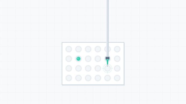 Scientific laboratory pipette dispensing liquid into a multiwell microplate, minimalist vector graphic