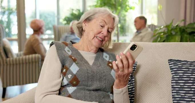 Phone, wave and senior woman on video call in care home for hello, retirement update and connection. Happy, elderly person and virtual chat in assisted living with greeting, catch up and conversation