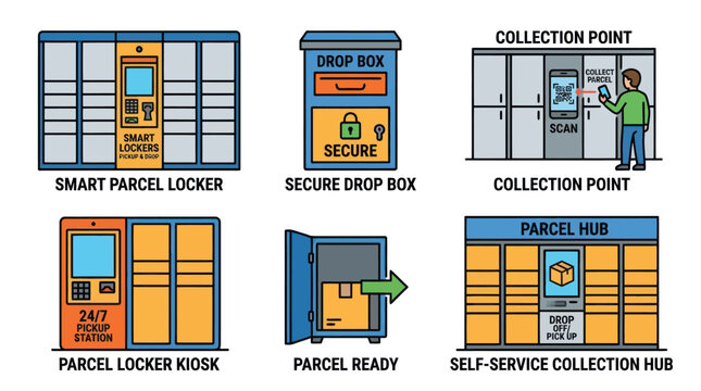 Smart parcel locker and self-service collection hub icons
