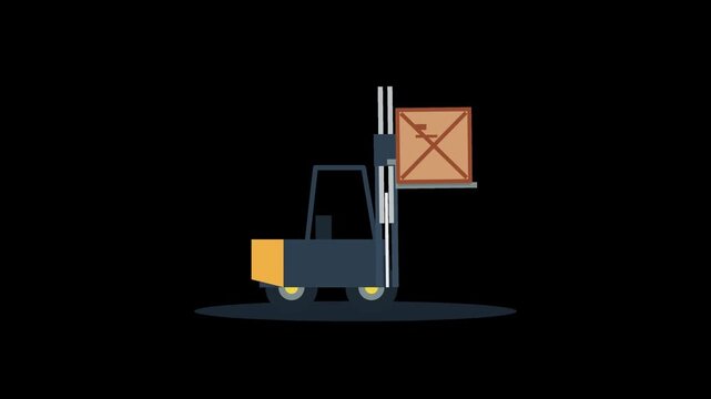 Flat vector motion illustration of a forklift lifting a wooden crate for industrial warehouse logistics and cargo transport