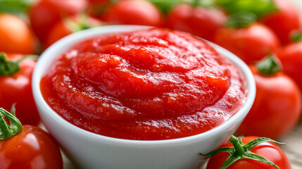 Fresh tomato puree or salsa in a white ceramic bowl surrounded by ripe red tomatoes with culinary © Shahazadi