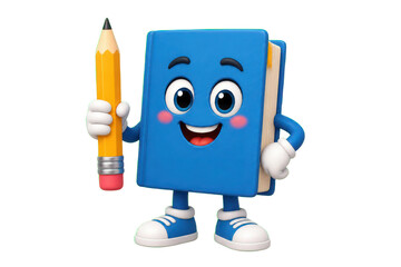 Fototapeta premium Smiling blue book character holding a pencil